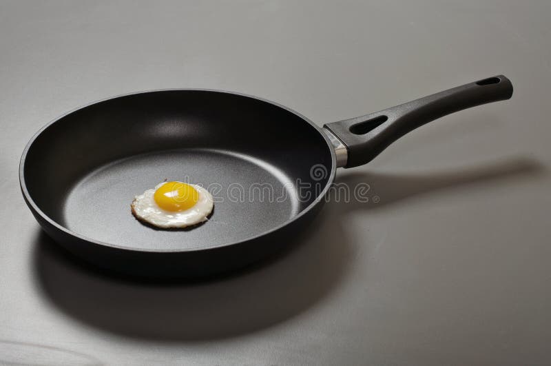 Fried eggs in the new non-stick frying pan stock image