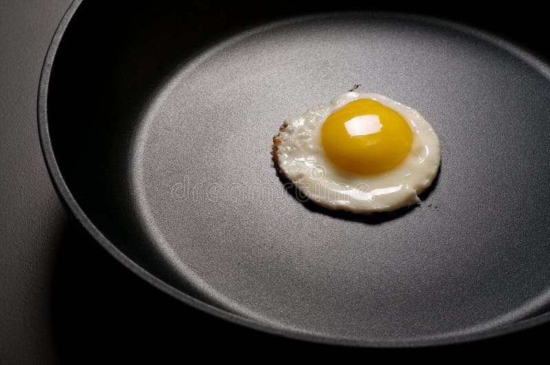 Fried eggs in the new non-stick frying pan royalty free stock image