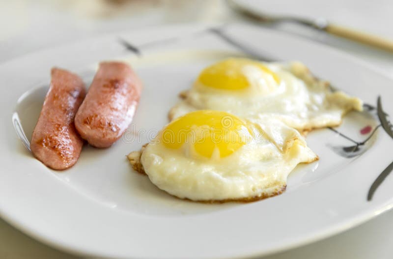 2 Fried Eggs with Sausages on the Plate, Cooked Food Products Stock ...