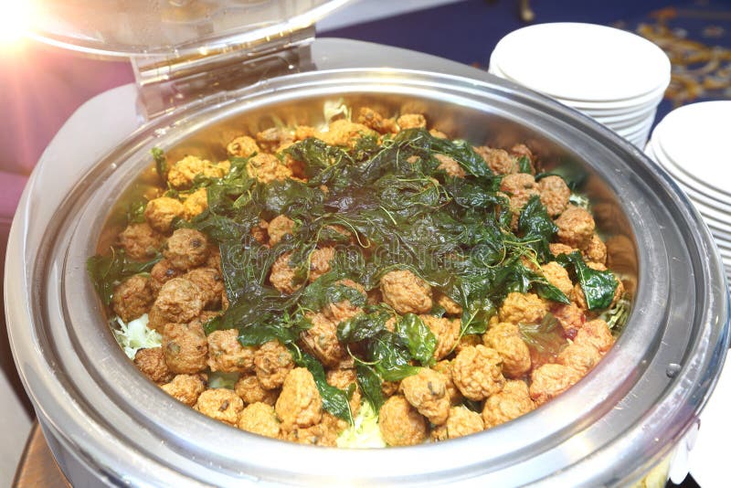 Fried Fish Cakes Thai Food Crispy Basil Topping in Round Stainless