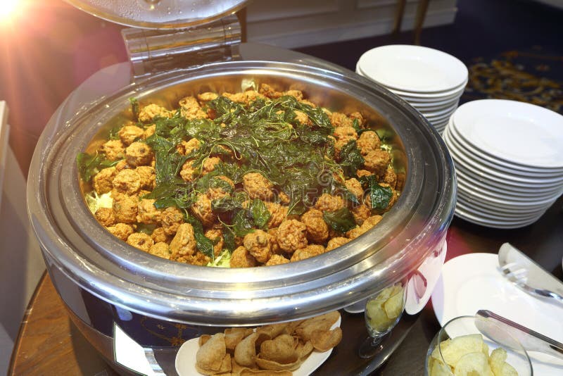 Fried Fish Cakes Thai Food Crispy Basil Topping in Round Stainless