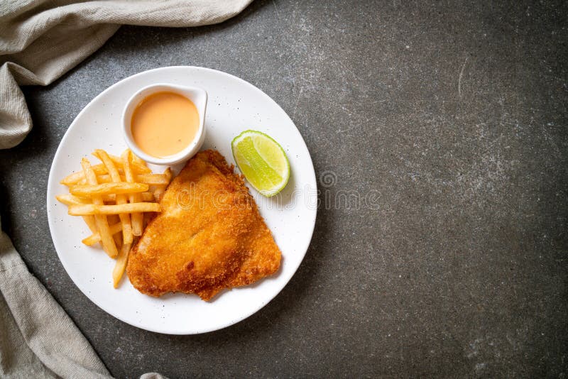 Fried fish and chips stock photo. Image of plate, dinner 215831320