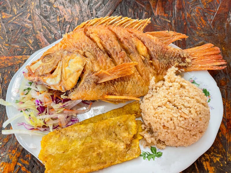 Fried Fish with Coconut Rice, Typical Colombian Food Stock Image