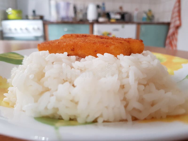 Fried Fish Fingers with Rice Stock Image Image of brown, fingers