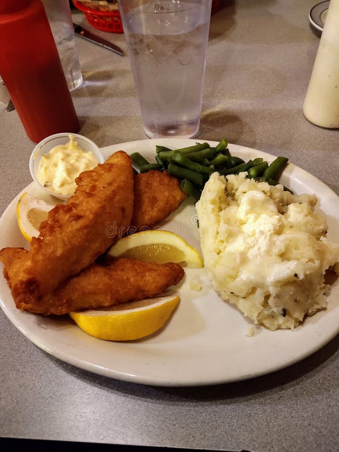 Fried Fish and Green Beans with Mashed Potatoes and Sauces on the Side