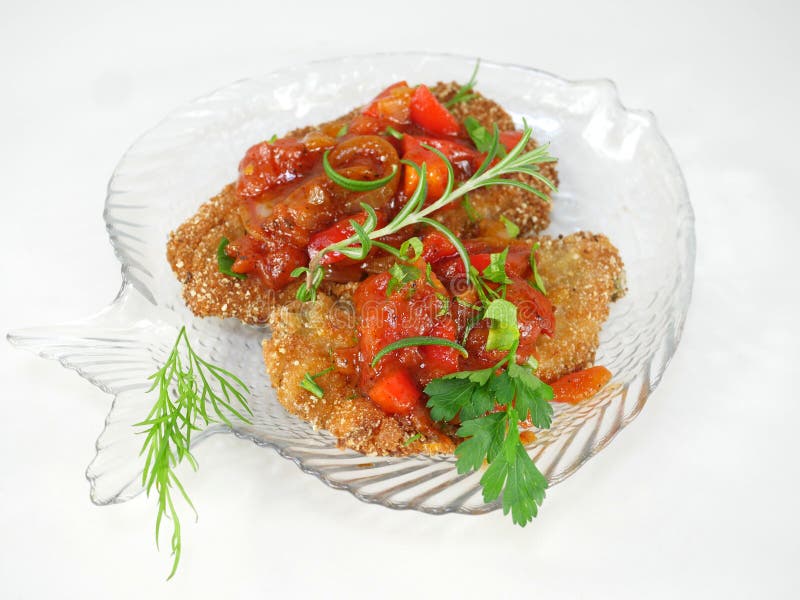 Fried Fish Herring with Tomato Sauce Stock Photo Image of parsley