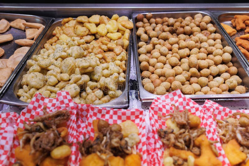 Fried Fish Nuggets in Various Shapes Inside Trays Stock Photo Image