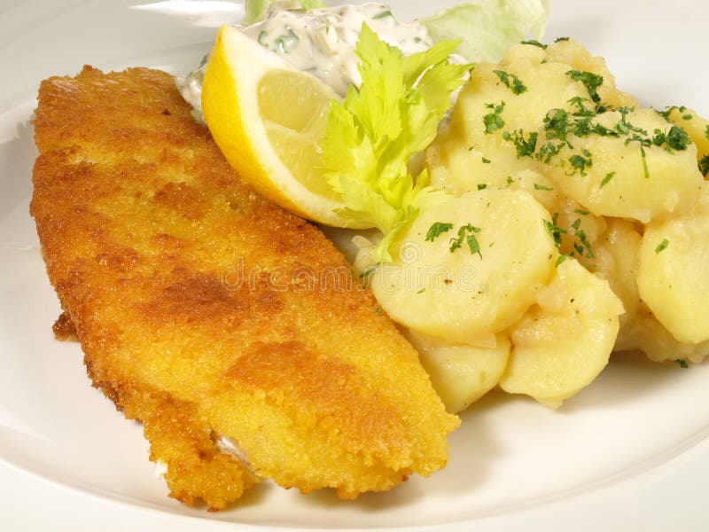 Fried Fish Fillet with Potato Salad Stock Image - Image of breadcrumbs ...