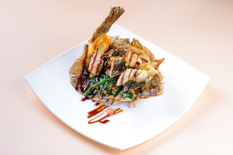 Fried Flounder in Asian Style Stock Photo Image of fish, flounder