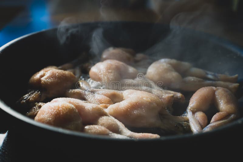 Fried frog legs on pan stock photo. Image of cookery 212725436
