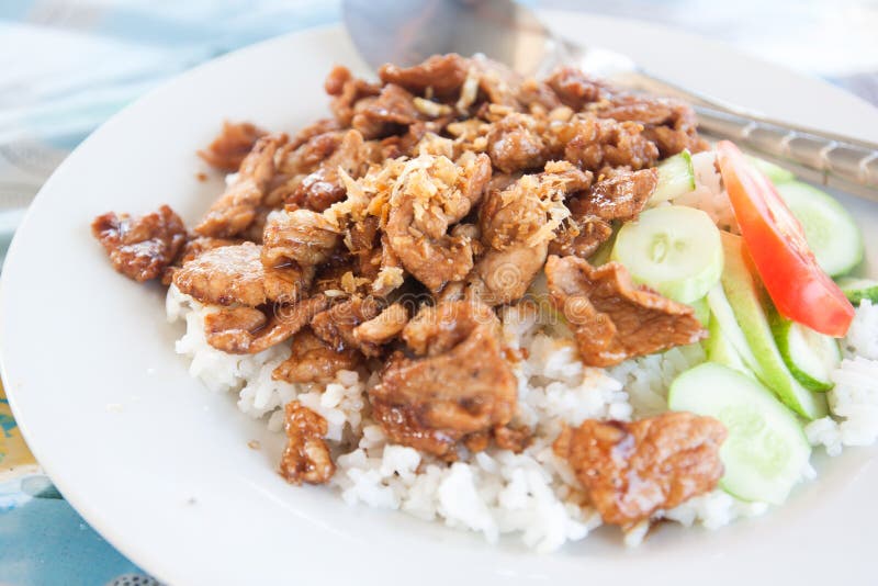 Fried Garlic Pork Serve with White Rice Stock Photo Image of boiled