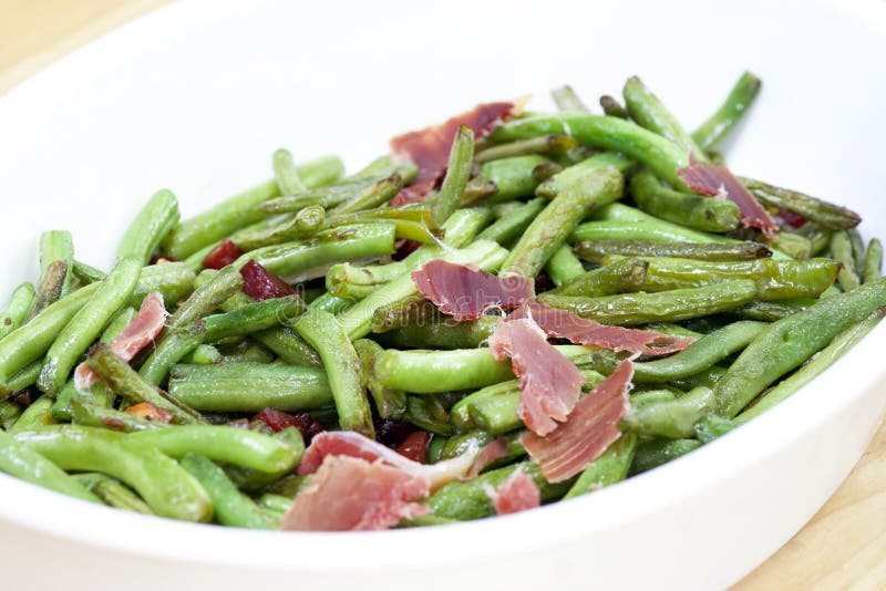 Fried green beans with ham stock photo. Image of meat 26375314