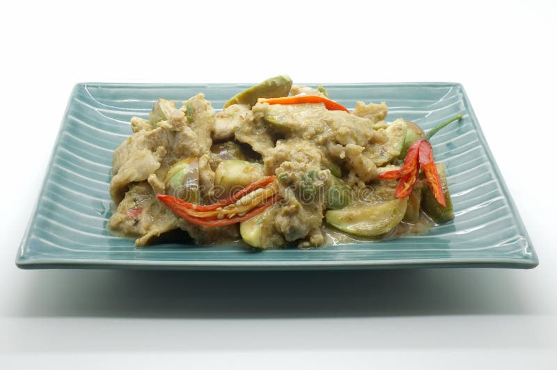 Fried Green Curry with Pork and Eggplant, Thai Food Stock Photo Image