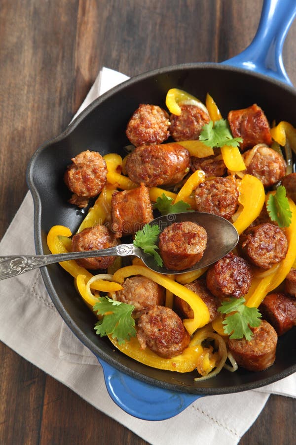 Fried Italian Sausage with Sweet Peppers and Onions Stock Image Image