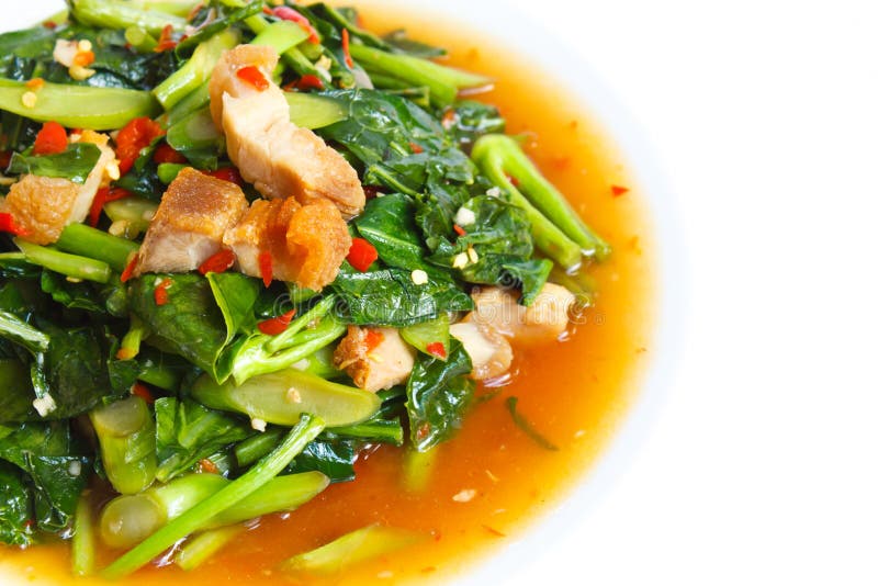 Fried Kale with Crispy Pork, Thai Food. Stock Image Image of dish
