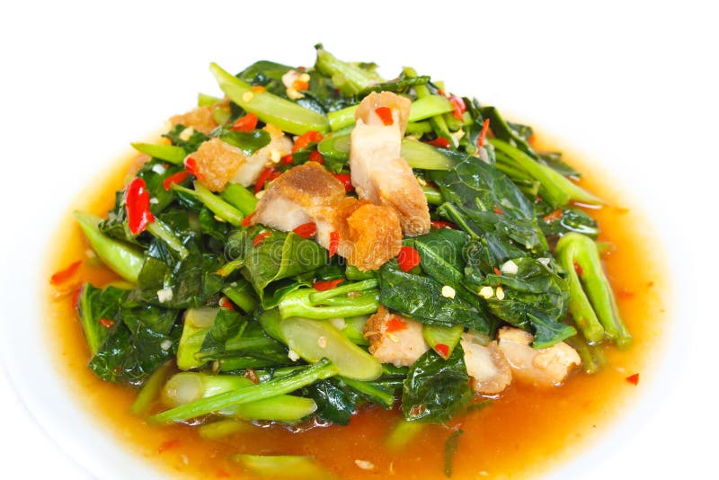 Fried Kale with Crispy Pork, Thai Food. Stock Image Image of dish