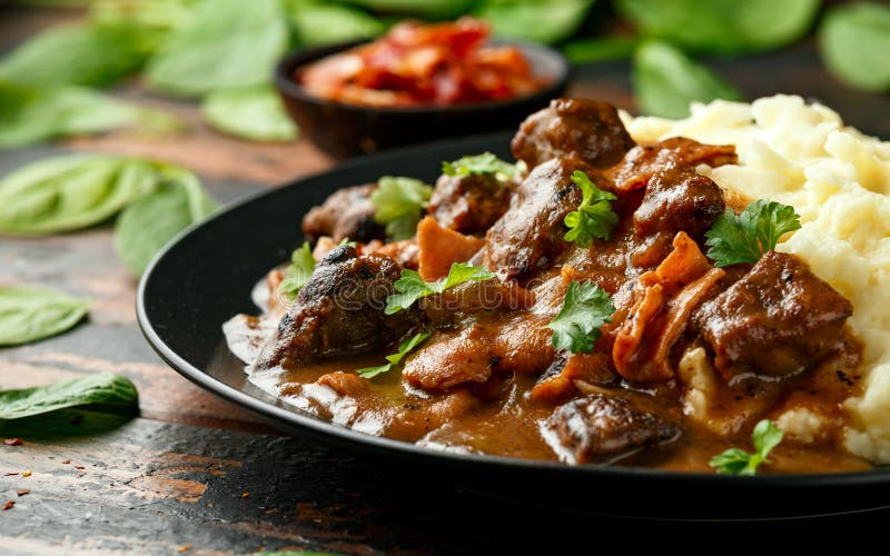 Fried Liver, Bacon in Onion Gravy with Mashed Potato Stock Photo