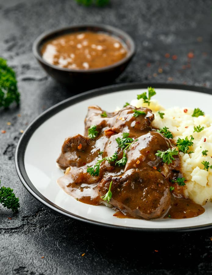 Fried Liver in Gravy with Mashed Potato Stock Image Image of meal