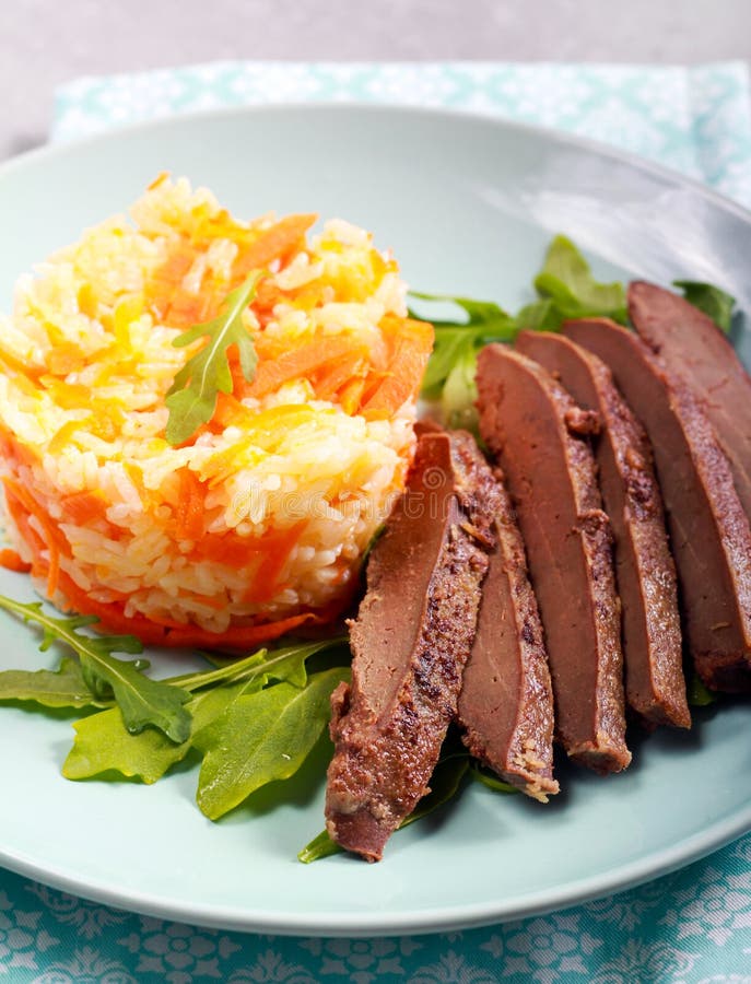 Fried Liver and Rice with Carrot Served Stock Image - Image of salad ...