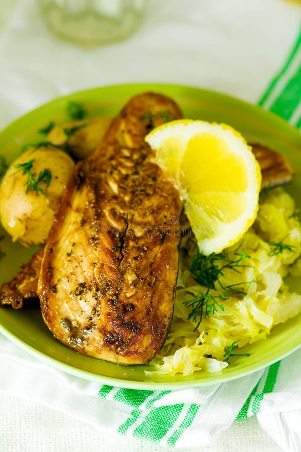 Fried Mackerel with Braised Cabbage Stock Photo Image of mackerel