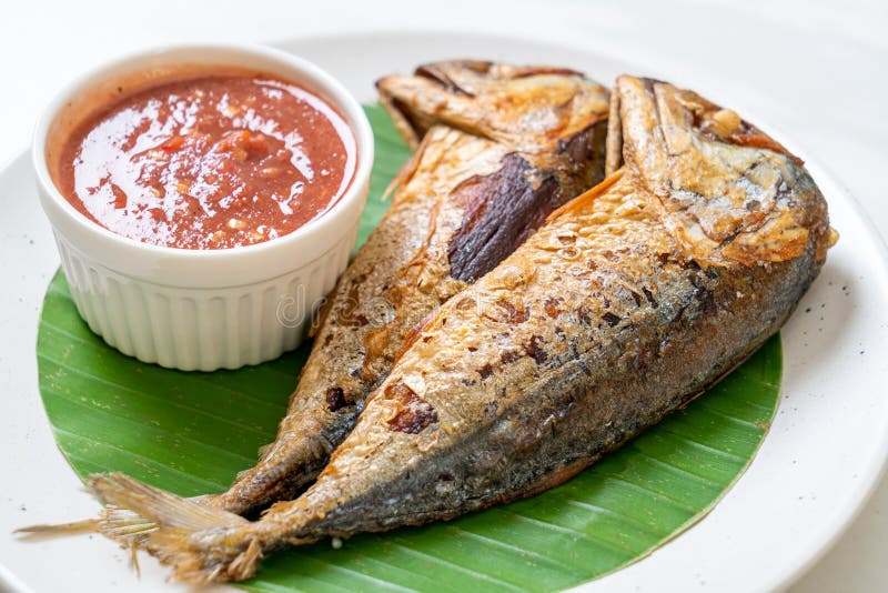 Fried Mackerel Fish with Spicy Shrimp Paste Sauce Stock Photo Image
