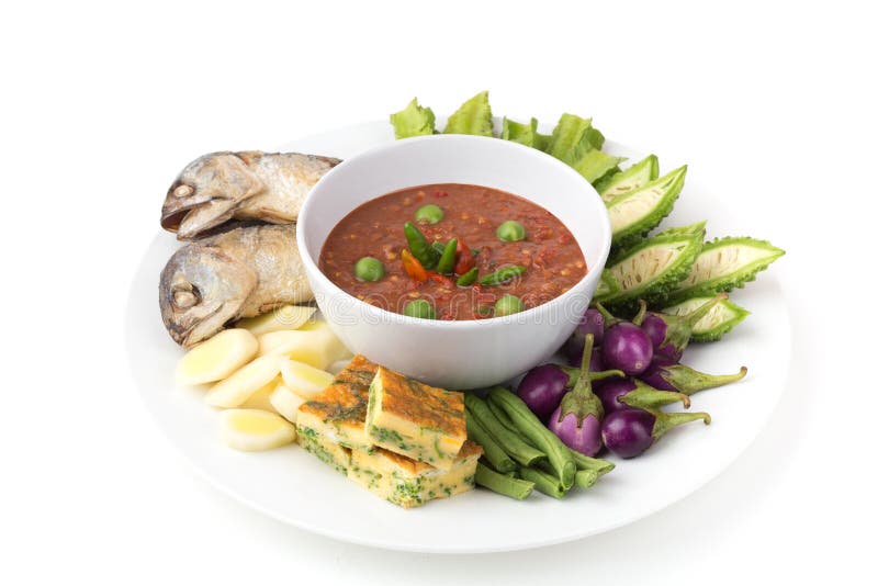 Fried Mackerel with Shrimp Paste Sauce,Thai shrimp paste Nam prik kapi stock photography