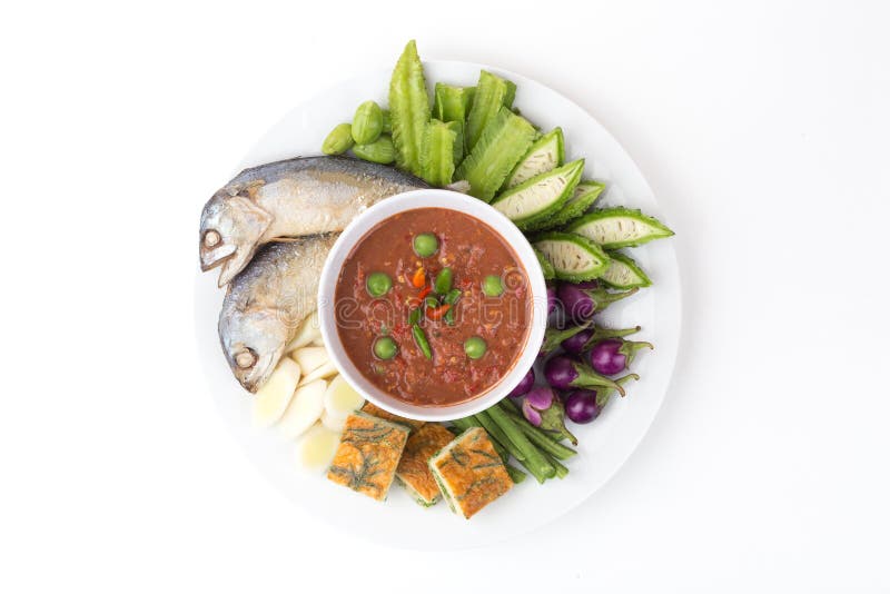 Fried Mackerel with Shrimp Paste Sauce,Thai shrimp paste Nam prik kapi Thai traditional food royalty free stock image