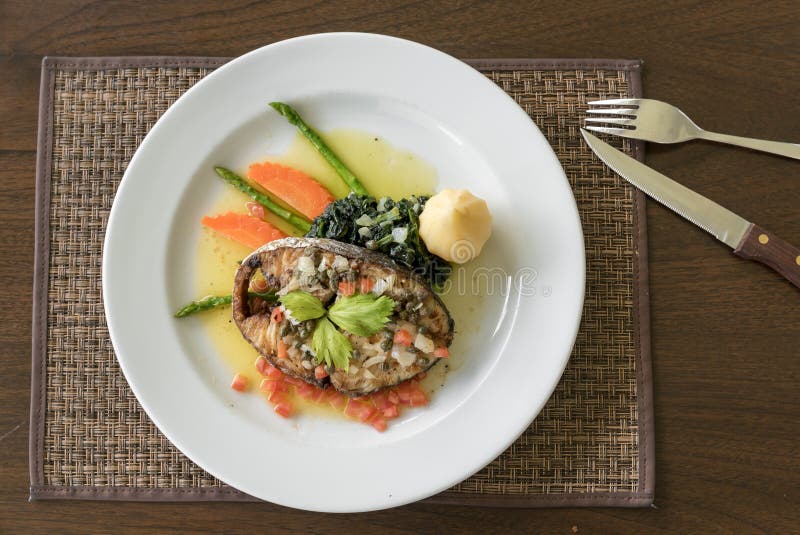 Fried mackerel Steak royalty free stock photography