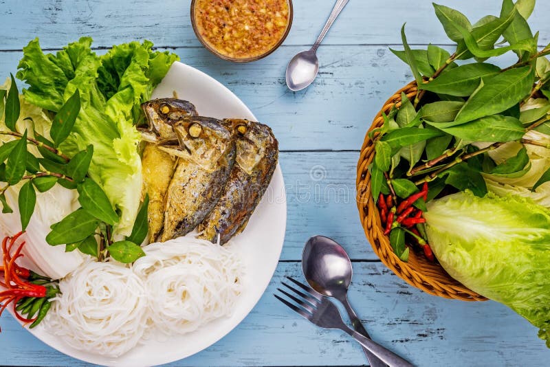 Fried Mackerel with Thai Rice Noodles Stock Photo Image of healthy