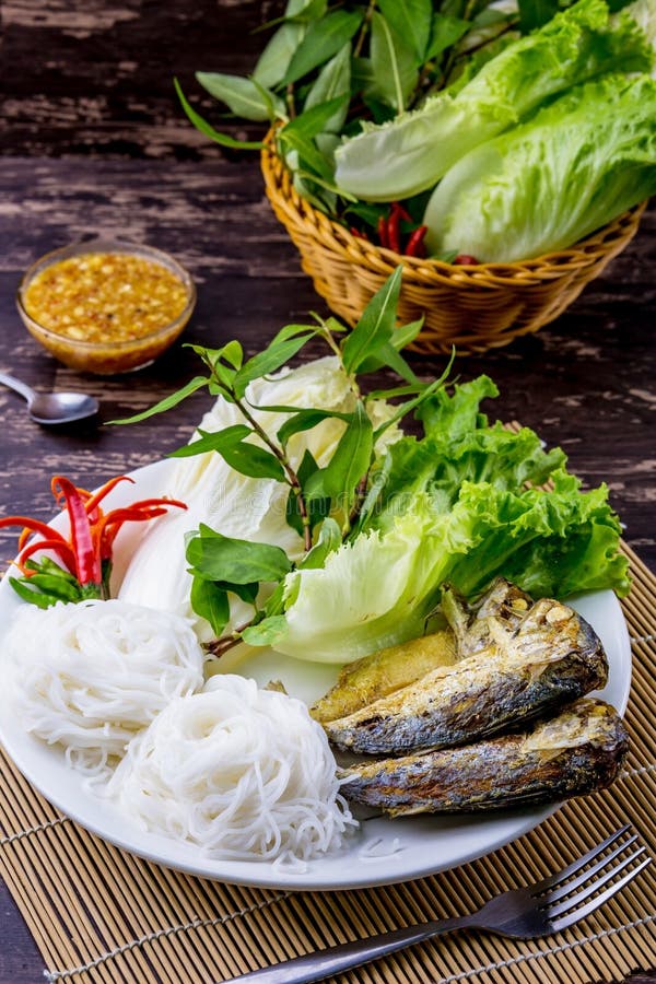 Fried Mackerel with Thai Rice Noodles Stock Photo Image of healthy