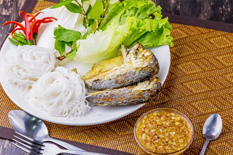 Fried Mackerel with Thai Rice Noodles Stock Image Image of fresh