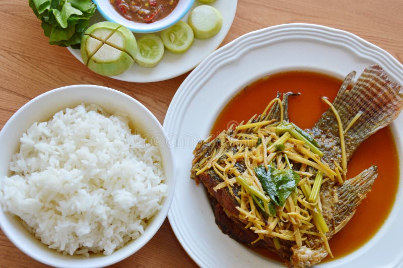Fried Mango Fish Dressing Ginger Soy Sauce Eat with Rice and Spicy