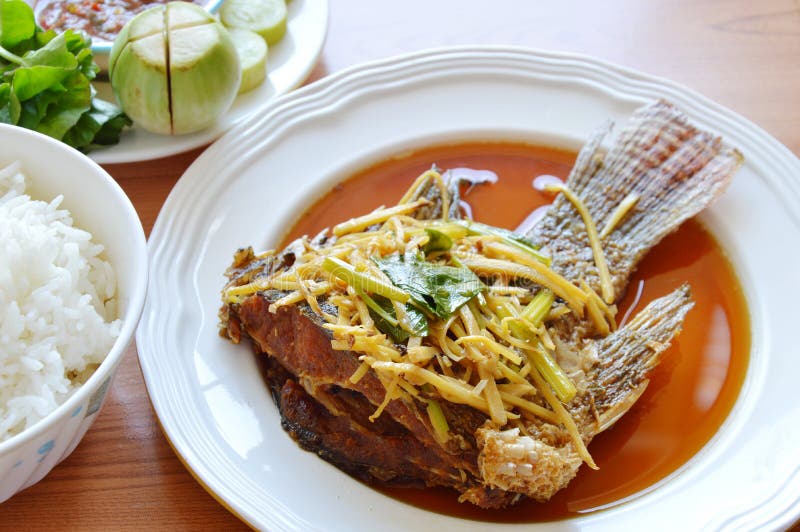 Fried Mango Fish Dressing Ginger Soy Sauce Eat with Rice and Spicy