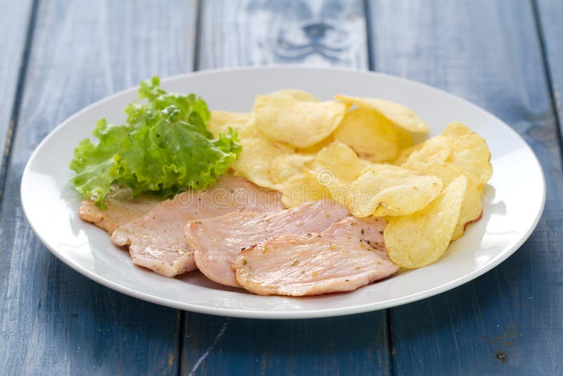 Fried Meat With Chips And Fresh Lettuce Stock Image Image of chips