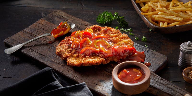 Fried meat schnitzel with gypsy sauce