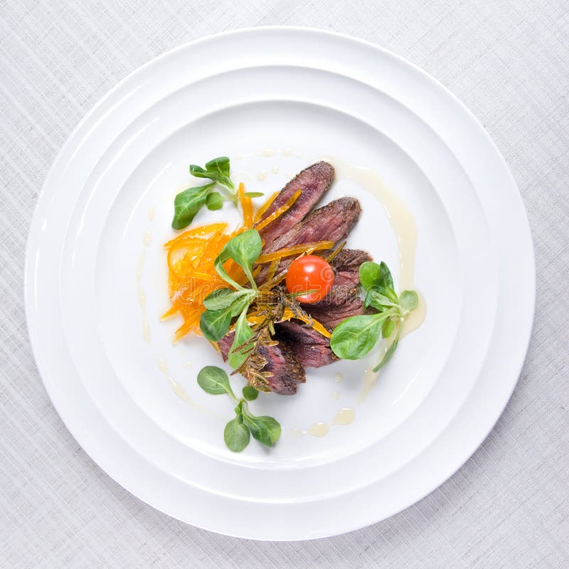 Fried meat with vegetables on the plate