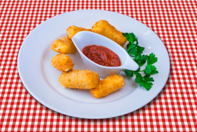 Fried Mozzarella Cheese Sticks with Red Sauce Stock Photo Image of