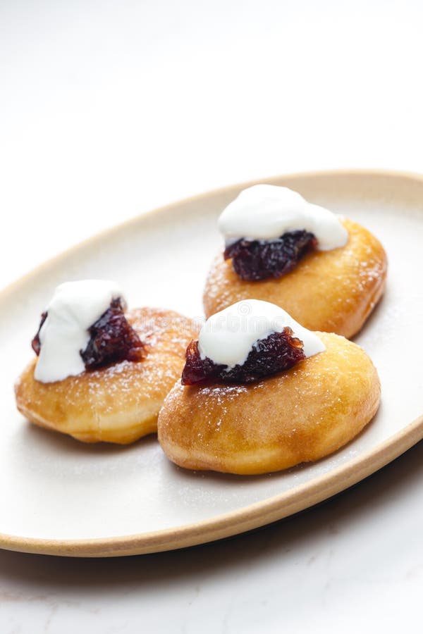 Fried Muffins with Plum Jam and Sour Cream Stock Image Image of