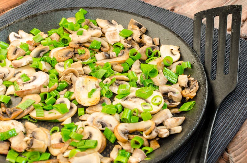 Fried Mushrooms with Spring Onion on Pan Stock Image Image of meat
