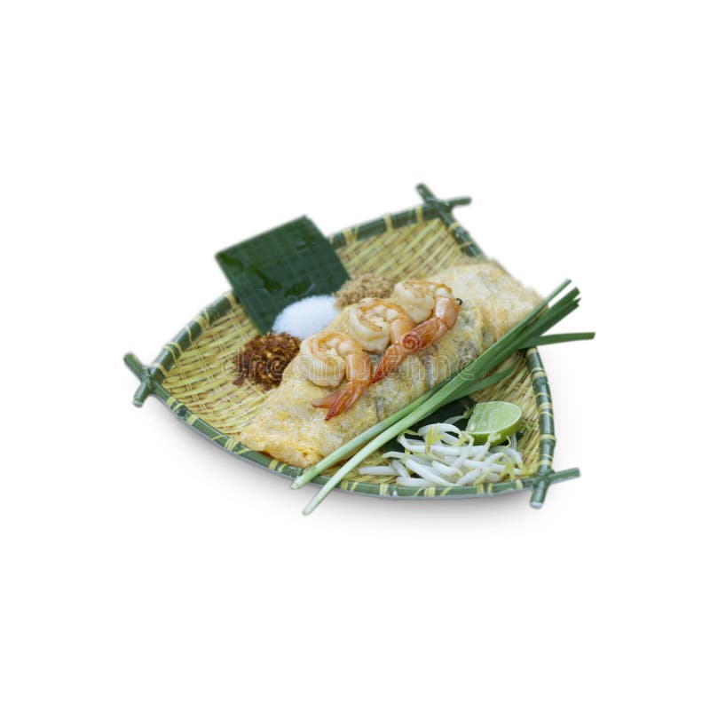 Fried noodle Thai style with prawns wrapped in egg isolate on white background stock image