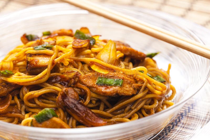 Fried Noodles with Chicken Meat in Soya Sauce Stock Image Image of