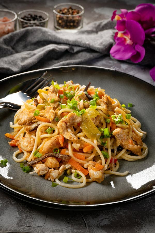 Fried Noodles with Chicken and Vegetables Stock Photo - Image of fast