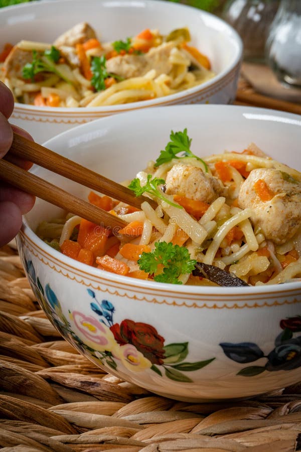 Fried Noodles with Chicken and Vegetables Stock Photo - Image of