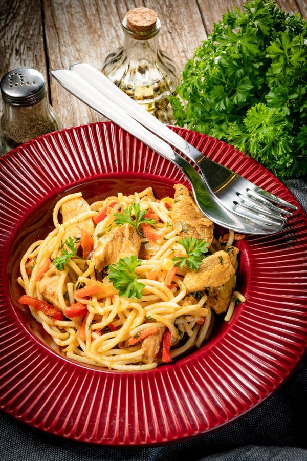 Fried Noodles with Chicken and Vegetables Stock Photo - Image of spice