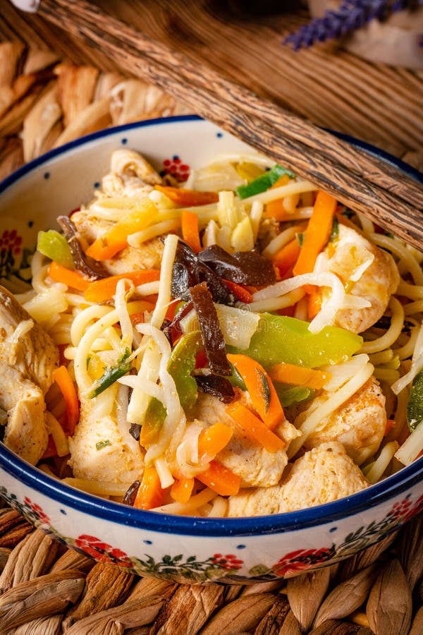 Fried Noodles with Chicken and Vegetables Stock Photo - Image of
