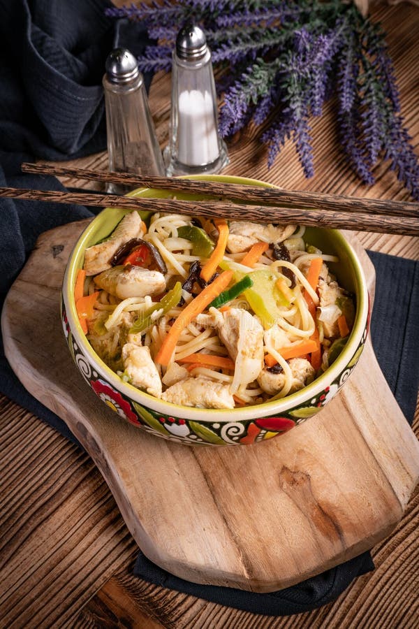 Fried Noodles with Chicken and Vegetables Stock Image - Image of