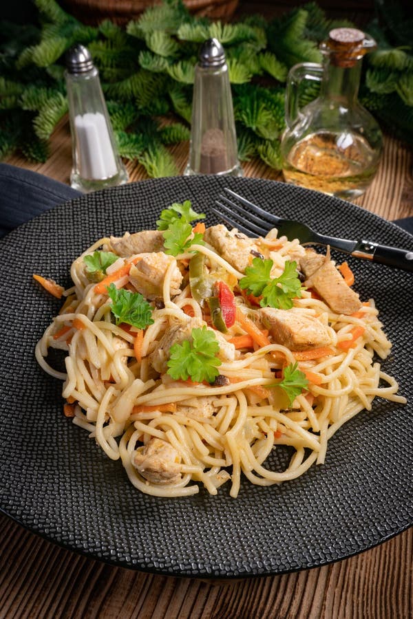 Fried Noodles with Chicken and Vegetables Stock Photo - Image of