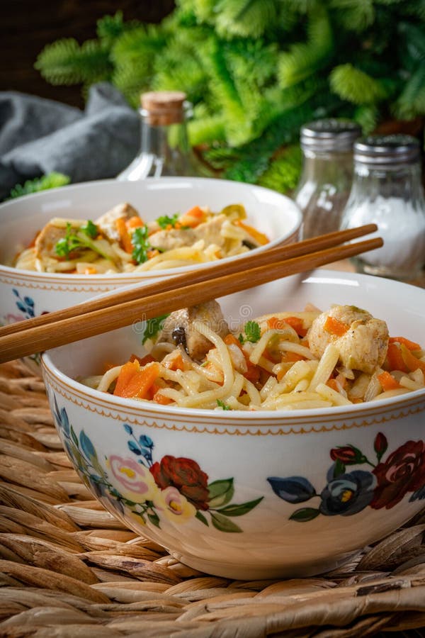 Fried Noodles with Chicken and Vegetables Stock Image - Image of