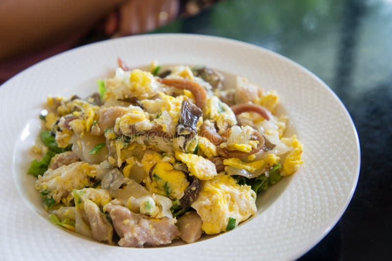 Fried Noodles with Roasted Chicken, Squid and Egg. Stock Image Image