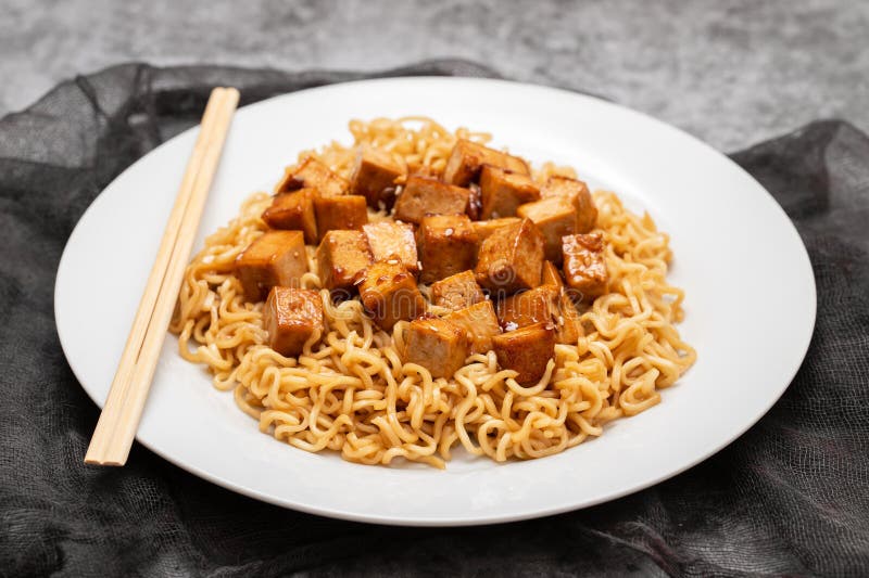 Fried Noodles with Tofu on White Dish Stock Image Image of vegetable